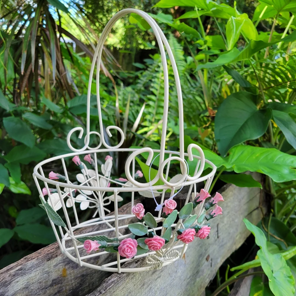 Metal Rose Floral Basket Storage Farmhouse
